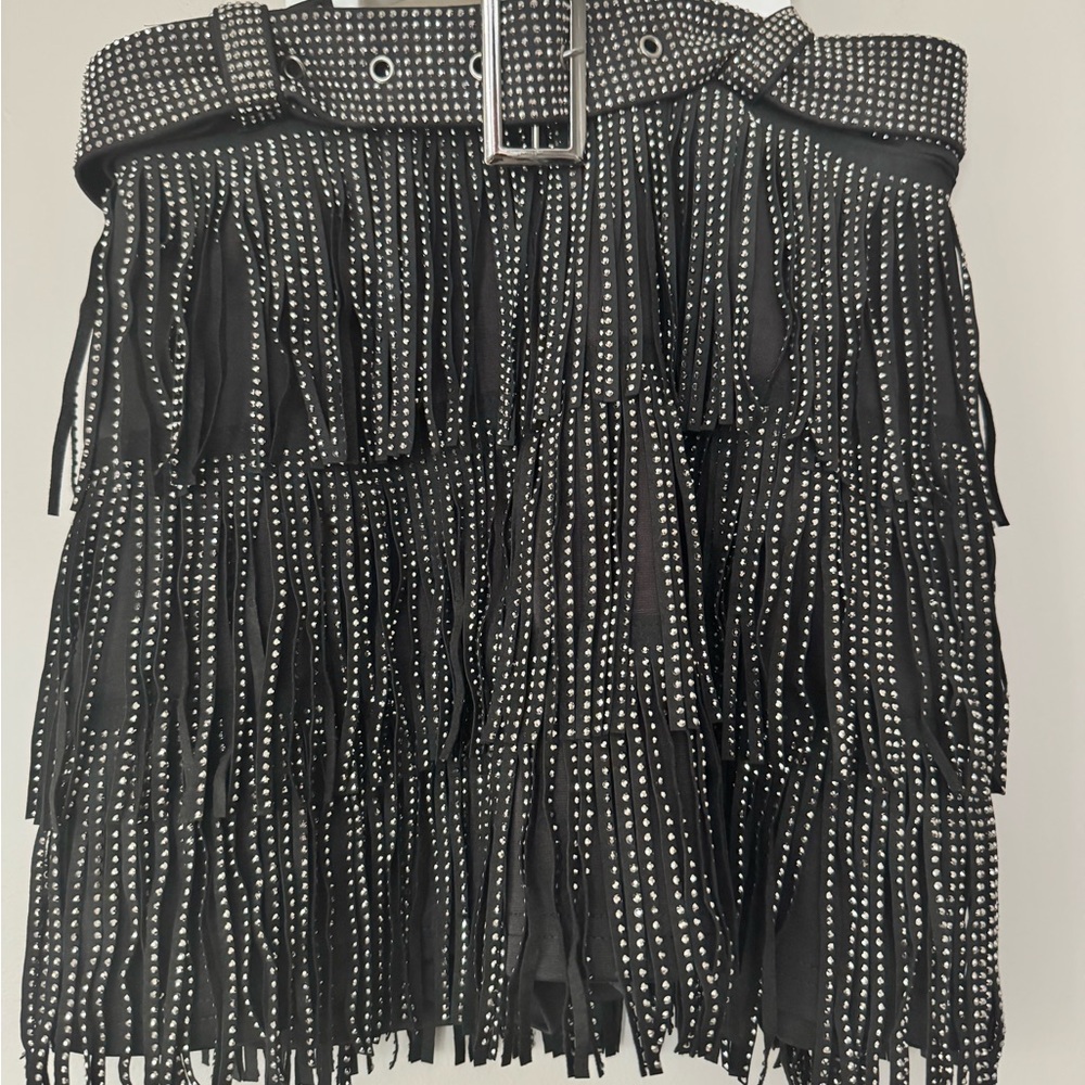 Black Fringe Mini Skirt with Stud Details - Size Small